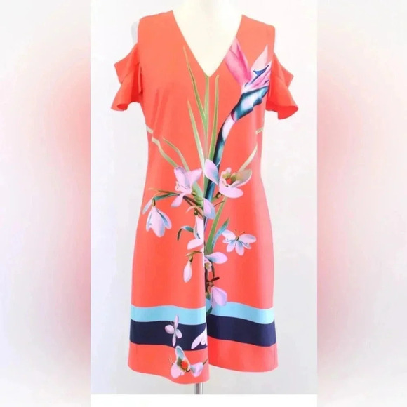 Ted Baker Dresses & Skirts - Ted Baker Leea Orange Colorful Floral Print Cold Shoulder Dress Size 4,  012